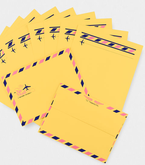 LA Paper Lover Airmail Pink + Blue On Yellow Letter Set